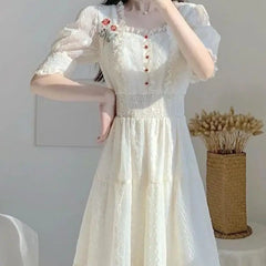 Cyflymder Lace Embroidery Puff Sleeve Party Dresses Women Summer Vintage High Waist A-line Long Dress Fairy Elegant Beach Robe