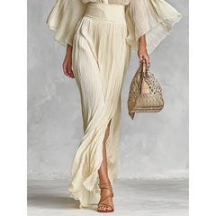 Cyflymder Apricot Women's Suit 2026 Spring New Ruffles Neck Flare Sleeve Tops High Waist Folds Slit Mermaid Skirt Sets 196198