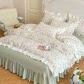 Cyflymder Princess Style Lace Bed Skirt Four Piece Set Small Floral Print Soft Bedding Set Cotton Fabric Skin Friendly Nude Sleeping Sheet