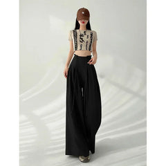 Cyflymder Streetwear Wide Leg Pants Women Korean Black High Waist Suit Pants Summer Fashion Elegant Lace Up Straight Trousers New