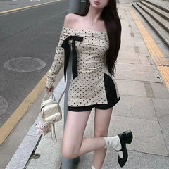 Cyflymder Slash Neck Polka Dot T-shirt Female Clothing Sweet Slim Stylish Bow Spring Autumn Commute Elegant Off Shoulder Split Pullovers
