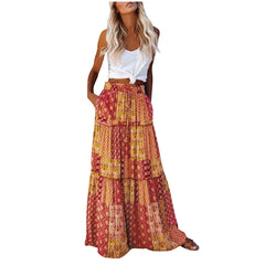 Cyflymder Ladies’ Fashion Bohemian Flower Printing Elastic Waist Pleated Skirt Loose Casual Vintage High Waist Tie A-Line Long Skirt