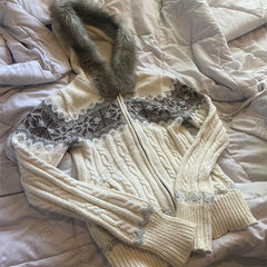 Cyflymder American Retro Y2K Women's Knitted Sweater Sexy Slim Fit Chic Casual Graphic Fur Collar Hooded Cardigan Harajuku Vintage Clothes