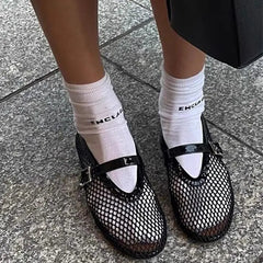 Cyflymder New Fashion Fishnet Mary Jane Flats Women Black Breathable Mesh Sandals Ballet Shoes Flats Lady Casual Dress Shoes Summer