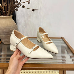 Cyflymder Summer New Pointed Shallow Mouth Coarse Follow Up Shoes for Women with One Word Strap Mary Jane Shoes with Inner High Heels