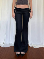 Cyflymder Y2K Black High Waist Flare Pants Women Side Button Decor Wide Waistband Slim Bottoms Harajuku Grunge High Street Lower garment