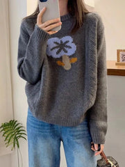 Cyflymder Vintage Floral Sweaters Women Loose Korean Casual Knitted Jumpers Long Sleeve O Neck Retro Female Sweet Cute Fall Tops New