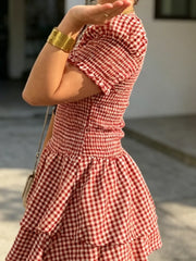 Cyflymder Sweet Style Gingham Check Mini Dress For Women Round Neck Short Puff Sleeve Double Ruffle Hem Skirt Lady's Vacation Dating Frock