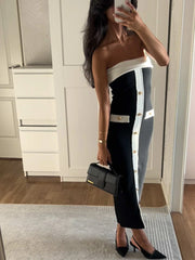 Cyflymder Elegant Black Strapless Sleeveless Backless Long Dress for Women Summer Fashion Buttons Decor Slim Fit Female Dress
