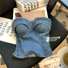 Cyflymder Retro Hong Kong Style Denim Strapless Vest Women Summer Outdoor Sweet Spicy Short Wrap Chest Top with Chest Pad Sexy Female Garm