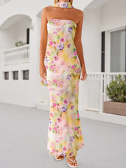 Cyflymder Elegant Floral Print Strapless Maxi Dress with Ruffle Detail and Matching Headscarf for Women