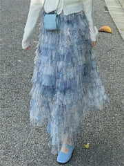 Cyflymder Elegant Floral Lace Maxi Skirt with High Waistband and Flowy Layers for Wedding Party Evening Prom Beachwear