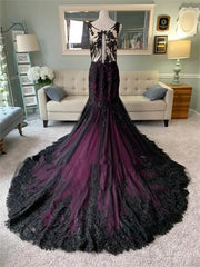 Cyflymder Vintage Black and Purple gothic Wedding Dresses with Cape Illusion Back Fishtail lace applique Mermaid Bridal Gown customsized