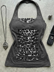 Cyflymder Goth T-shirt Punk Vintage Leopard Print Halter Y2k 90s Slim Sexy Aesthetic Harajuku Tube Tops Hot Girl Streetwear Summer Emo Tee
