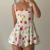 Cyflymder Women's Y2K Summer Mini Cami Dress Sleeveless Vacation Low Cut Button Up Flower Print Beach Dress