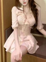 Cyflymder Summer Elegant Korean Fashion Mini Dress Women Puff Half Sleeve Ruched Lace Trim Bow Tie Slim Fit Mini Dress Casual Outfit New
