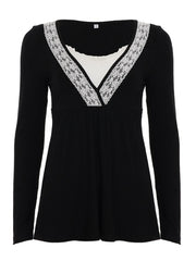 Cyflymder Vintage Slim Fake Two Piece Lace Patchwork All Match Solid o neck long sleeve T-Shirts