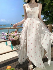 Cyflymder Print Floral Sweet Irregular Fairy Dress Sleeveless Backless Ruffles Slip Dress Vintage Casual Sundress Holiday Beach Long Dress