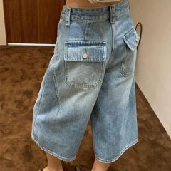 Cyflymder American Retro Patchwork Cargo Cropped Shorts Women Breathable High Quality Loose Fit Button Closure With Pockets Light Color