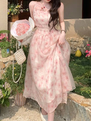 Cyflymder Korean-style slimming pink rose chiffon halter neck dress Chiffon Print Dress Women Retro Sweet Spaghetti Strap Corset Dress