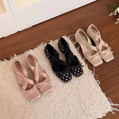 Cyflymder Women's Elegant Pink Satin Ballet Shoes Square Toe Cross Strap Polka Dot Bow Mary Jane Shoes Inside Mid Heel Casual Pumps
