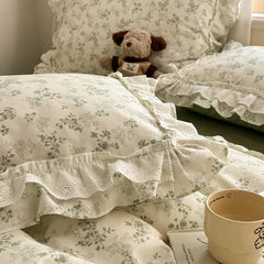 Cyflymder Princess Style Lace Ruffles 100% Cotton Bedding Set Floral Pastoral Style Duvet Cover Flat/Fitted Bed Sheet Pillowcases 3/4Pcs