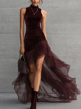 Cyflymder Elegant Party Dress Velvet Halter Long Sleeveless Evening Dress Ruched Bodice Tulle Skirt Wine Red Maxi Dress For Woman On