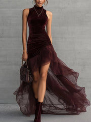 Cyflymder Elegant Party Dress Velvet Halter Long Sleeveless Evening Dress Ruched Bodice Tulle Skirt Wine Red Maxi Dress For Woman On