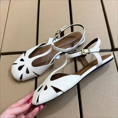Cyflymder Summer Women Flat Sandals Breathable Hollow Out Retro T-strap Design Square Toe Casual Travel Roman Ladies Beach Shoes