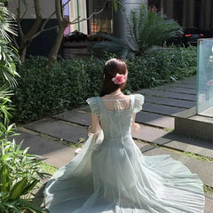 Cyflymder Dresses Women Gradient Flying Sleeve Ruffles Bandage French Style Sweet Elegant Summer Fashion Dress Party Female