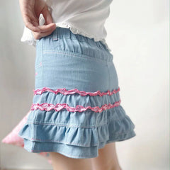 Cyflymder Japanese Sweet Lolita Style Mini Denim Skirt Women Kawaii Embroidery Ruffles Cake Skirts Summer Female Fashion Y2K Party Skirts