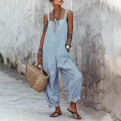 Cyflymder Women's Summer Jumpsuit Sleeveless Striped Casual Romper High Waist Wide Leg Overalls Blue Striped Backless Cropped Cuff