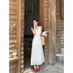 Cyflymder White V-neck Lace-up Waist Vest Dress Women's Summer Sleeveless Backless Dress