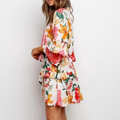 Cyflymder Women's Elegant Bohemian Short Dress Spring Summer Floral Print Lace Up Mini Dress Casual Ruffle O Neck Pullover Dress Vestidos