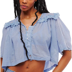 Cyflymder Pink Sweet Lace Collar Cotton Petal Short Sleeve Reffled V Neck Buttons Pleated Tops Women Blouse T Shirt Korean Summer Folds