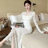 Cyflymder Elegant White Lace Dress Women's Autumn Winter Slim Fit Long Fishtail Dress Party