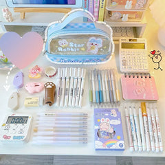 Cyflymder Cute Transparent Pencil Case Kawaii Bunny Bear Pencil Pouch 2- Layer High Capacity Waterproof Protable Stationery Storage Bag