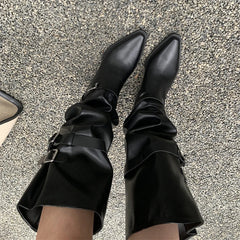 Cyflymder Autumn Vintage Thick Heel Women Knight Boots Fashion Belt Buckle Shoes Ladies Elegant Pointed Toe Mordern Knee High Booties