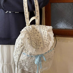 Cyflymder Korean Lace Patchwork Sweet Bow Backpack Women Students Chic Flower Print Bow Schoolbags Y2k Aesthetic Girls All Match Backpacks