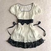 Cyflymder French Sweet Summer High Street Square Collar Dress Spliced Constrast Color Lace Up Bow Appliques Clothe Y2k Harajuku Punk Dress