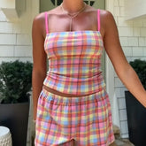 Cyflymder Plaid Two Piece Co-Ord Set For Women Thin Strap Square Neck Backless Top Elastic Waist Shorts Suit Daily Vacation Female Outfit