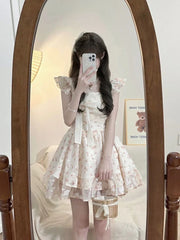 Cyflymder Floral Sweet Cute Bow Dress Women Slim Vintage Flying Sleeve Mini Dress Summer Elegant Vintage French Sexy Lady Vestidos