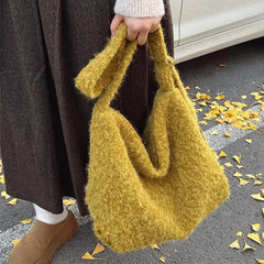 Cyflymder Women Woolen Tote Bag Plush Hobo Bags Large Capacity Soft Texture Handbags Commuter Zipper Shoulder Bag Adjust Shoulder Strap