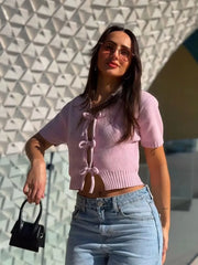 Cyflymder Chic Bow Knitted Short Texture Top Women Fashion Turn Down Collar Hollow Cardigan Knitwear Summer 2025 New Short-sleeved Tops