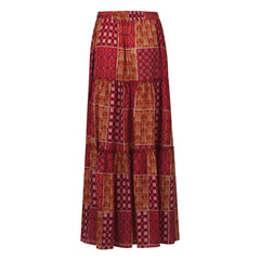Cyflymder Ladies’ Fashion Bohemian Flower Printing Elastic Waist Pleated Skirt Loose Casual Vintage High Waist Tie A-Line Long Skirt