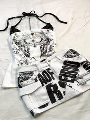 Cyflymder Y2k Halter T-shirt Gothic Punk Streetwear Crop Top Vintage Summer Aesthetic Harajuku 2000s Slim Woman Clothes Backless Print Tee