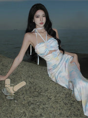 Cyflymder Dopamine Sexy Strapless Long Dress Sanya Wear A Hide-neck Rose Halter Seaside Holiday Dress
