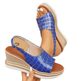 Cyflymder Summer New Buckle Slope Heel Women's Sandals Summer Checkered Pattern Thick Bottom Non slip Beach Shoes