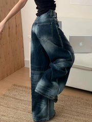 Cyflymder Blue Washed Distressed Jeans Women Wide Leg High Waist Barrel-leg Denim Trousers American Style Baggy Casual Basic