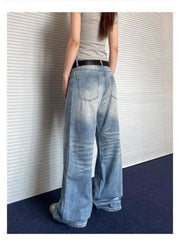 Cyflymder Women's Y2k 90s Vintage Crease Blue Wide Leg Jeans Street Cool Girl High Waist Pants Female Casual Straight Denim Trousers